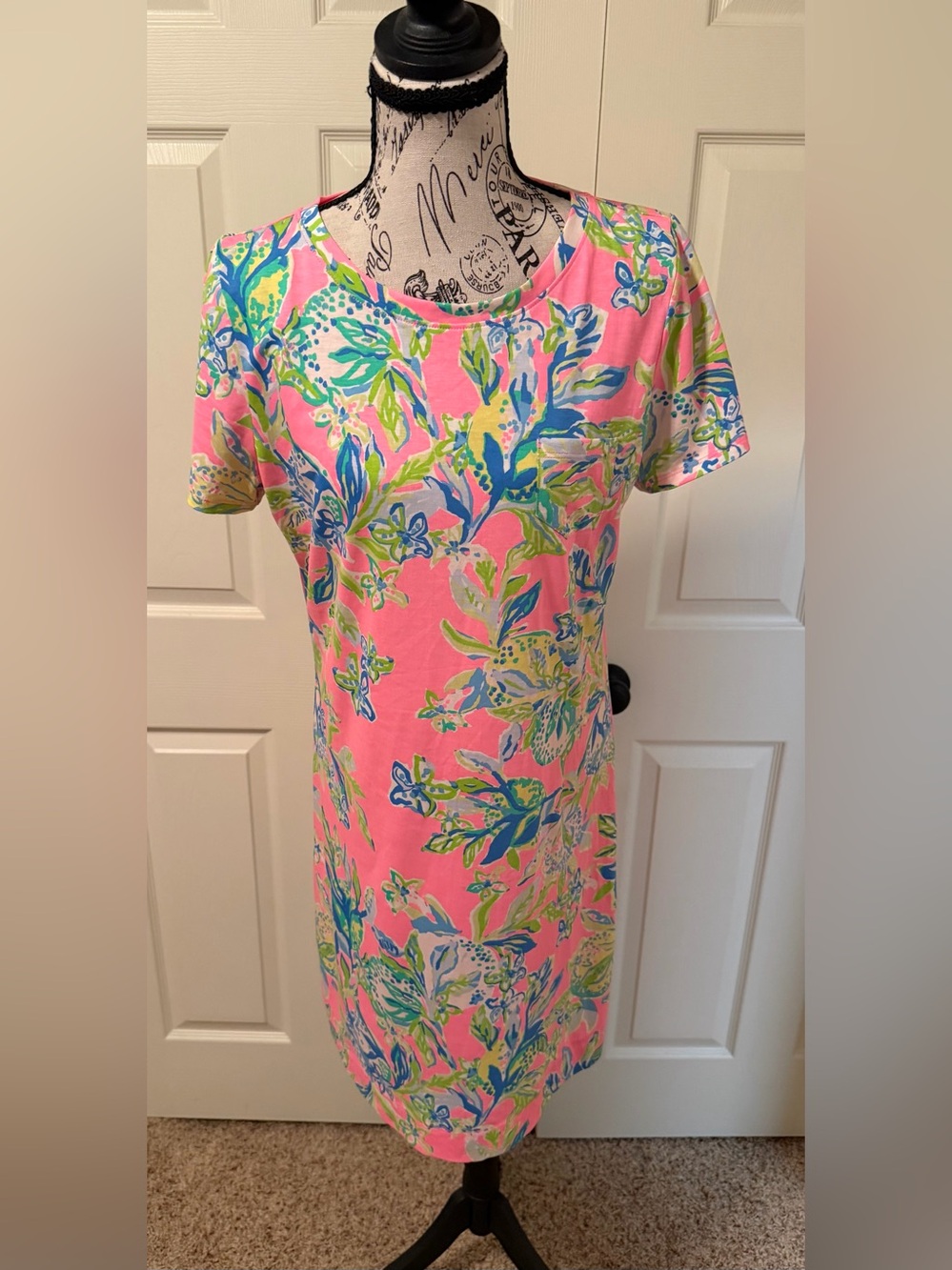Lilly Pulitzer Bright Pink Floral Front Pocket Shift Dress 💯 Pima Cotton Resort